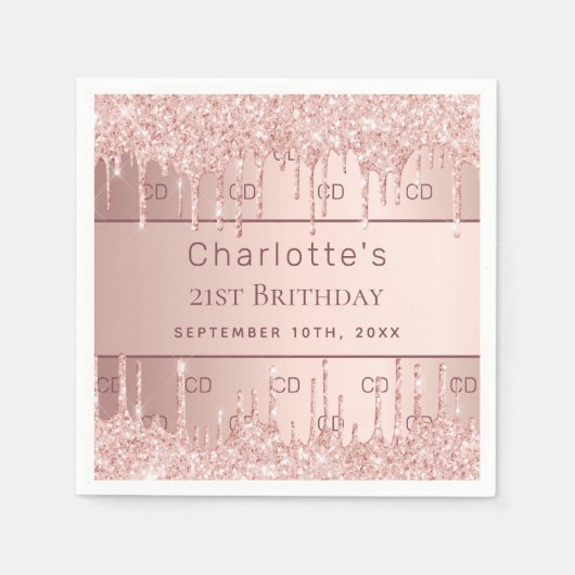 Serviette En Papier Anniversaire rose or monogramme initiales nom (Devant)