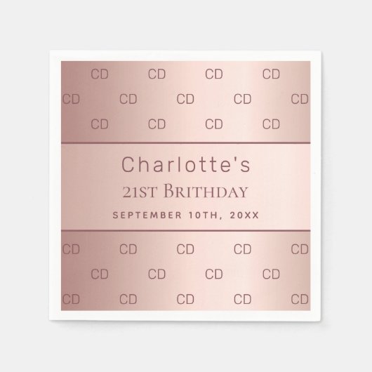 Serviette En Papier Anniversaire rose or monogramme initiales nom (Devant)