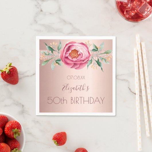Serviette En Papier Anniversaire rose or parties scintillant fleurons  (En situation)