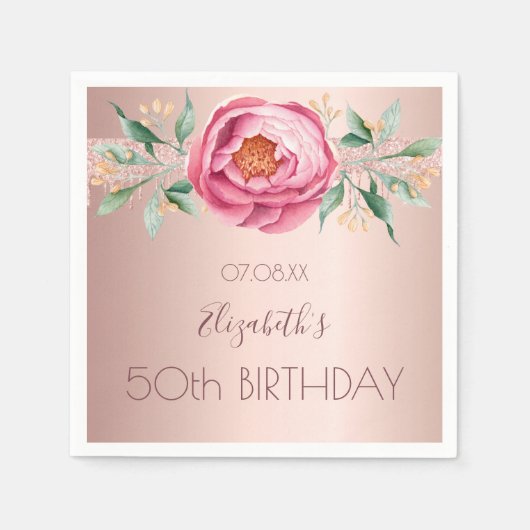 Serviette En Papier Anniversaire rose or parties scintillant fleurons  (Devant)