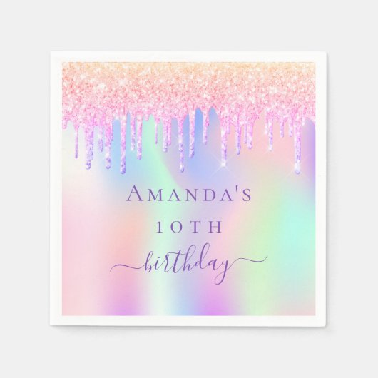 Serviette En Papier Anniversaire rose violet gouttes holographique nom (Devant)