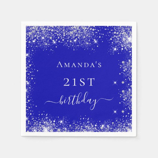 Serviette En Papier Anniversaire royal bleu argent parties scintillant (Devant)