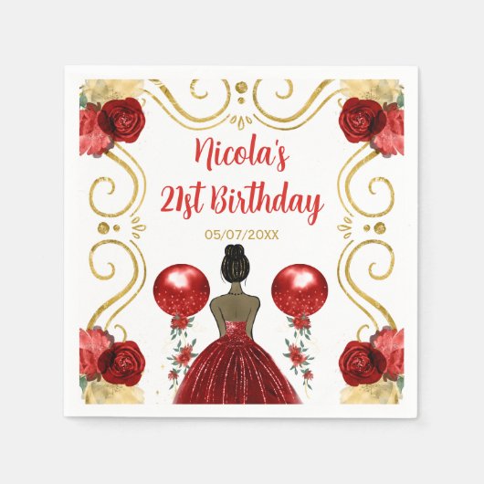 Serviette En Papier Anniversaire Soirée noire Princesse en rouge (Devant)