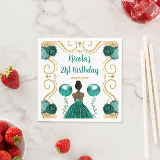 Serviette En Papier Anniversaire Soirée noire Princesse en Turquoise (En situation)