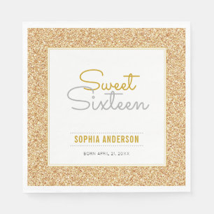 Serviette En Papier Anniversaire Sweet 16 Faux Paillettes Dorées