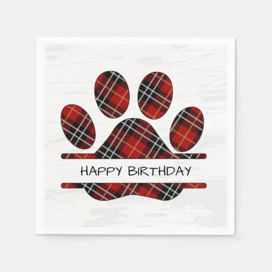 Serviette En Papier Anniversaire Tartan Plaid Empreinte de patte (Devant)