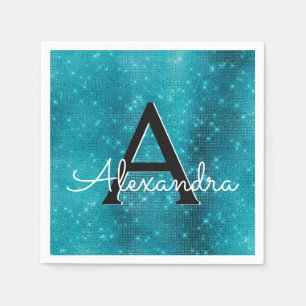 Serviette En Papier Anniversaire turquoise de monogramme d'étincelle