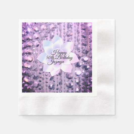 Serviette En Papier Anniversaire violet et rose élégant perlé (Devant)