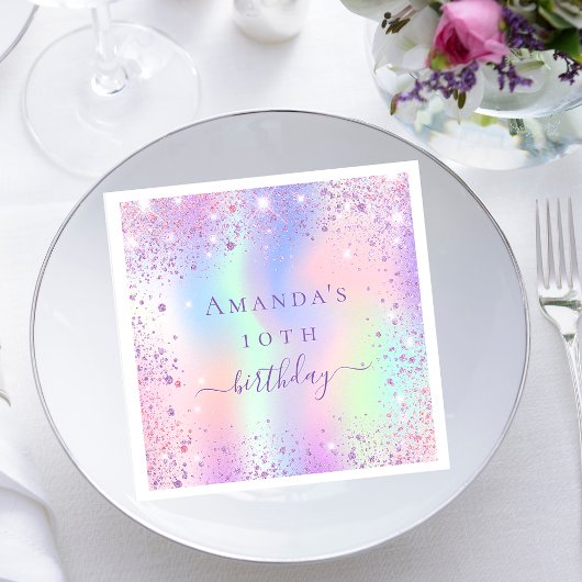 Serviette En Papier Anniversaire violet rose nom holographique