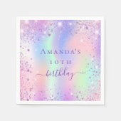 Serviette En Papier Anniversaire violet rose nom holographique (Devant)