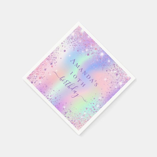 Serviette En Papier Anniversaire violet rose nom holographique (Coin)
