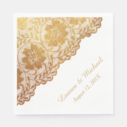 Serviette En Papier Antique Gold Floral Patte Faux Lace Mariage (Devant)