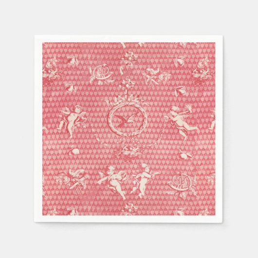 Serviette En Papier Antique rose rouge Anges et Coeurs cupides (Devant)
