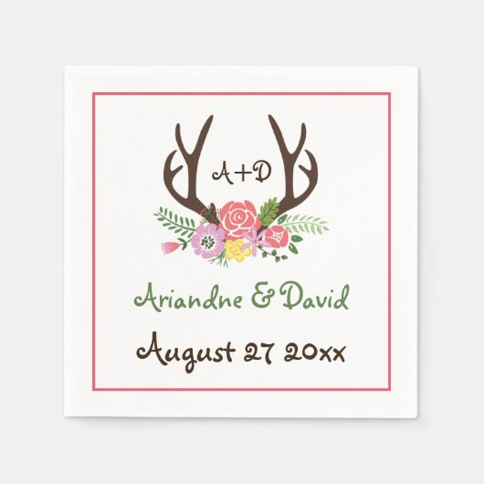 Serviette En Papier Antlers et fleurs mariage de monogramme de bois (Devant)