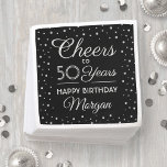 Serviette En Papier ANY Birthday Cheers<br><div class="desc">Ajoutez une touche élégante et personnalisée aux décorations de fête d'anniversaire avec ces serviettes en papier personnalisées. Design dispose de calligraphie script moderne personnalisable "Cheers to 50 Years" et faux feuil argenté points confetti sur un arrière - plan noir. Ce modèle est conçu pour fêter ses 50 ans, mais il...</div>