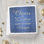 Serviette En Papier ANY Birthday Cheers Brushed Blue and Gold Confetti<br><div class="desc">Add an elegant personalized touch to birthday party decorations with these custom blue and gold paper napkins. This template is set up for a fiftieth birthday celebration, but is simple to customize to a different year. Design features modern script calligraphy editable "Cheers to 50 Years" and glittery foil look confetti...</div>