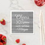Serviette En Papier ANY Birthday Cheers Rustic Wood Elegant Gray White<br><div class="desc">Add an elegant personalized touch to birthday party decorations with these stylish faux grey wood paper napkins. Design features modern script calligraphy editable "Cheers to 30 Years" on a rustic gray wood look background. This template is set up for a 30th birthday celebration, but is simple to customize to a...</div>