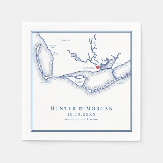 Serviette En Papier Apalachicola FL Map Élégant Mariage bleu marine (Devant)
