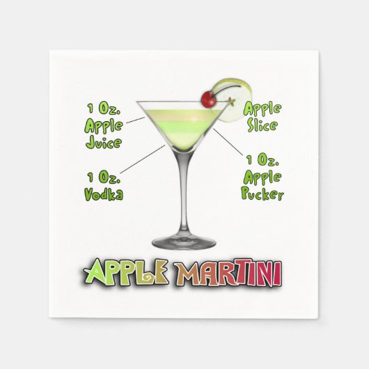 Serviette En Papier Appletini aka Apple Martini Cocktail Recette Art (Devant)