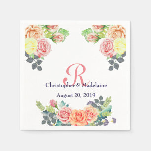 Serviette En Papier Apricot Rose d'aquarelle et Mariage rose personnal