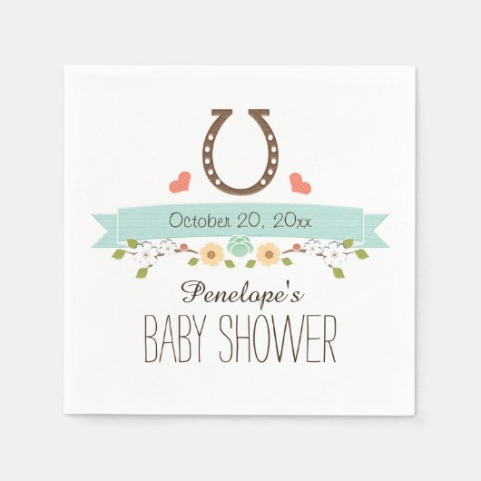 Serviette En Papier Aqua Blue Horseshoe Western Baby Boy Shower (Devant)