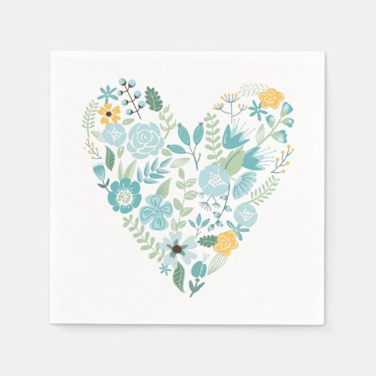 Serviette En Papier Aqua et coeur floral jaune (Devant)