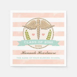 Serviette En Papier Aqua et Coral Caduceus Nurse Graduation