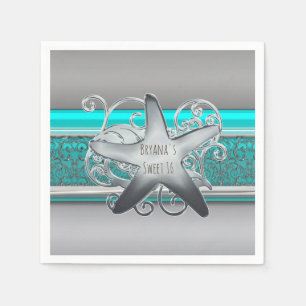 Serviette En Papier Aqua & étoile de mer argentée Élégante fête de pla