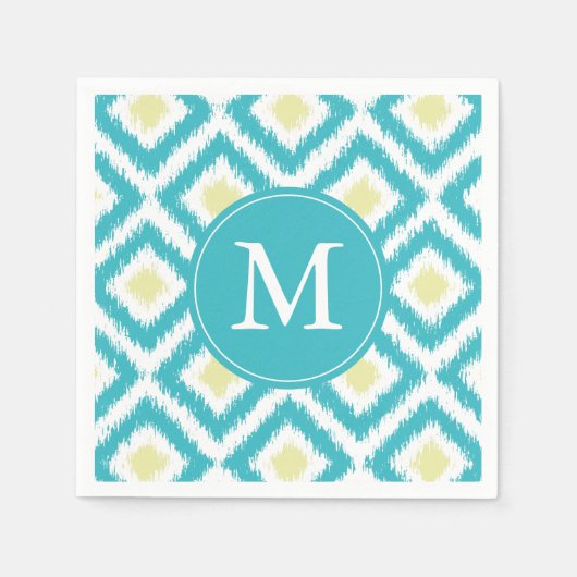 Serviette En Papier Aqua monogramme et Motif Ikat jaune (Devant)