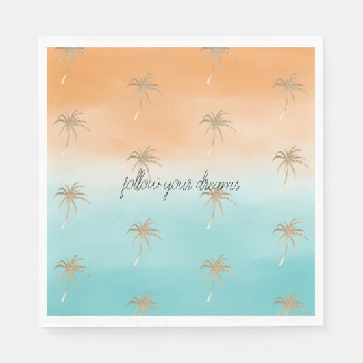 Serviette En Papier Aqua Peach Gold Tropical Palm Trees Ombre (Devant)