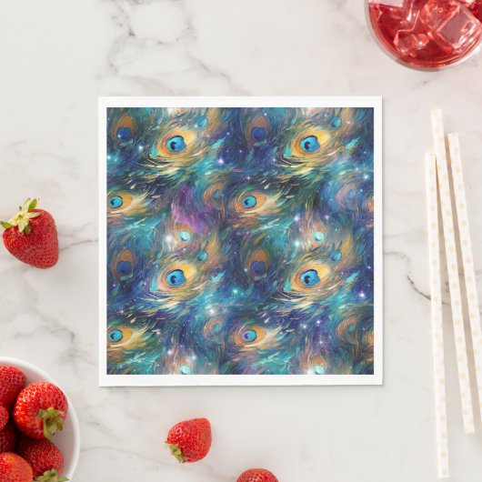 Serviette En Papier Aqua Plumes Peacock Peint Bleu (En situation)