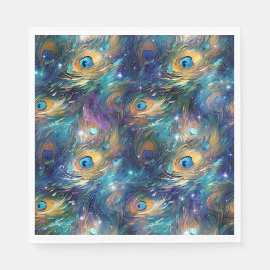 Serviette En Papier Aqua Plumes Peacock Peint Bleu (Devant)