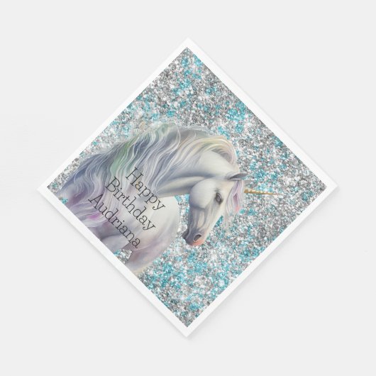 Serviette En Papier Aqua Silver Unicorn Parties scintillant étincelle  (Coin)
