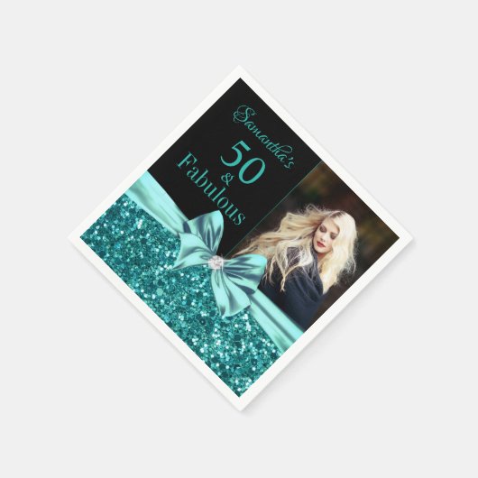 Serviette En Papier Aqua Turquoise Parties scintillant Bow 50e anniver (Coin)