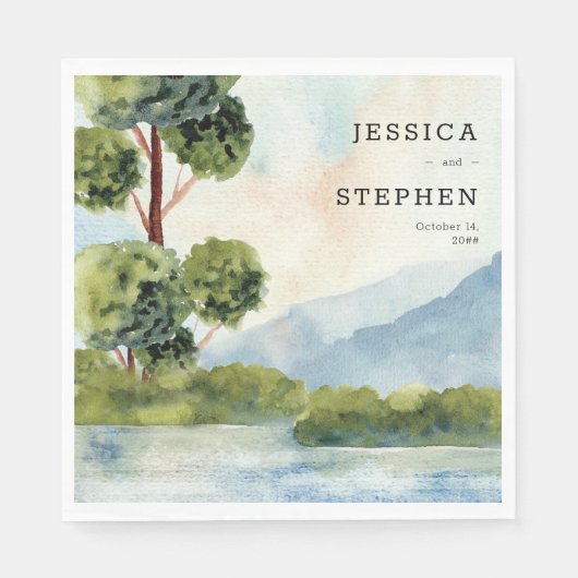 Serviette En Papier Aquarelle À feuillage persistant du lac Mariage pe (Devant)