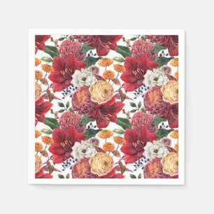 Serviette En Papier Aquarelle Amaryllis rouge et chrysanthèmes Floral