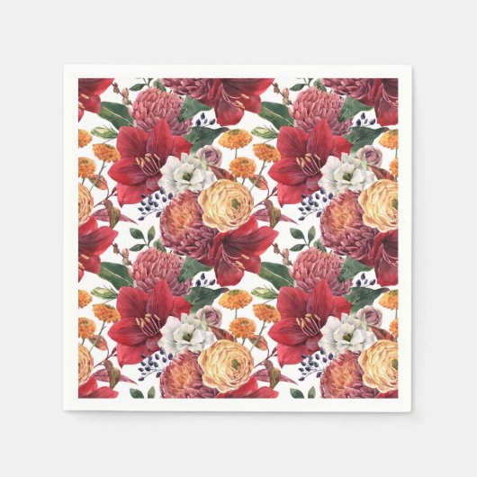 Serviette En Papier Aquarelle Amaryllis rouge et chrysanthèmes floral (Devant)