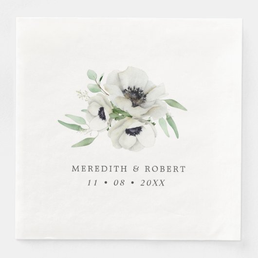 Serviette En Papier Aquarelle Anémones Noir & Blanc Mariage d'hiver (Devant)