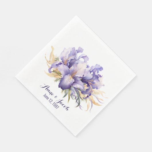 Serviette En Papier Aquarelle Anniversaire Purple Iris Bouquet (Coin)