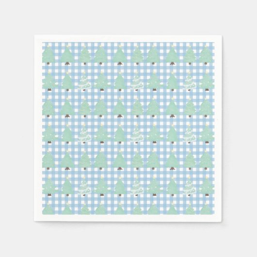 Serviette En Papier Aquarelle Arbres de Noël avec Plaid Bleu (Devant)
