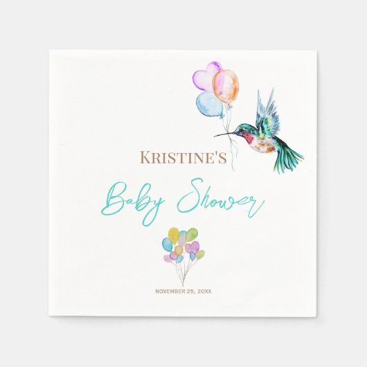 Serviette En Papier Aquarelle Baby shower colibri et ballons (Devant)