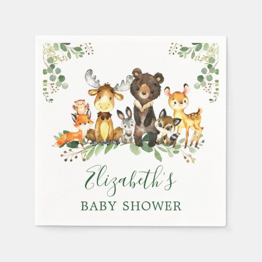 Serviette En Papier Aquarelle Baby shower des animaux de bois (Devant)