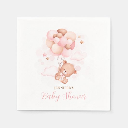 Serviette En Papier Aquarelle Ballons roses Baby shower Ours en Teddy (Devant)