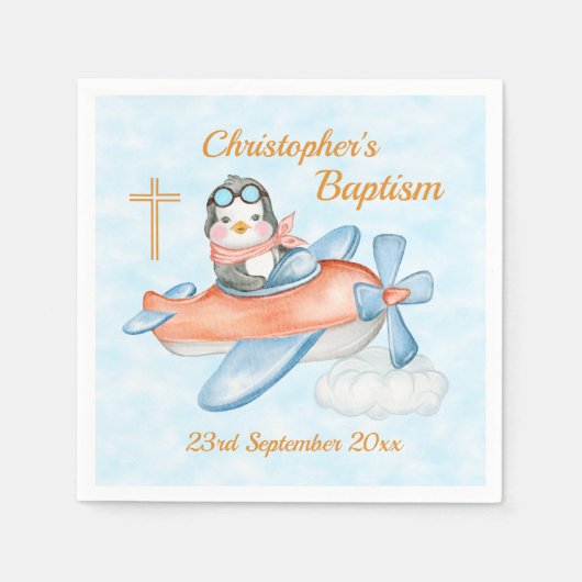 Serviette En Papier Aquarelle Baptême mignonne Bébé Penguin avion (Devant)