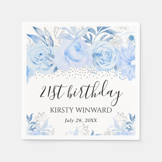 Serviette En Papier Aquarelle Bébé Bleu Fleurs d'hiver Anniversaire (Devant)