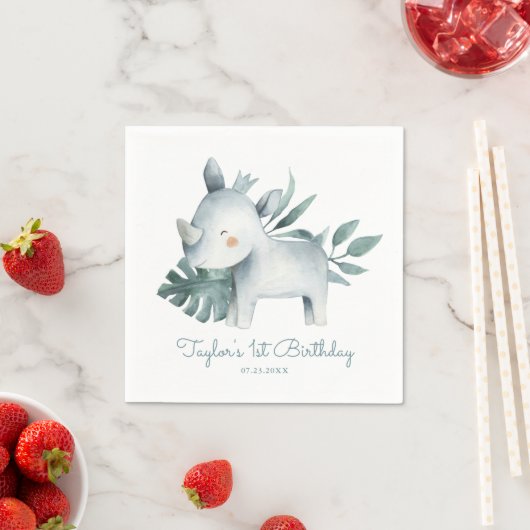 Serviette En Papier Aquarelle Bébé Rhinoceros Anniversaire tropical (En situation)