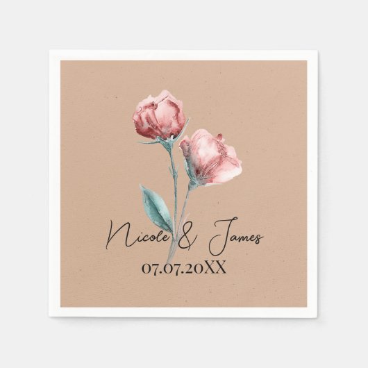 Serviette En Papier Aquarelle Beige Peachy Mariage (Devant)