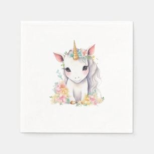 Serviette En Papier Aquarelle blanche et rose de la licorne