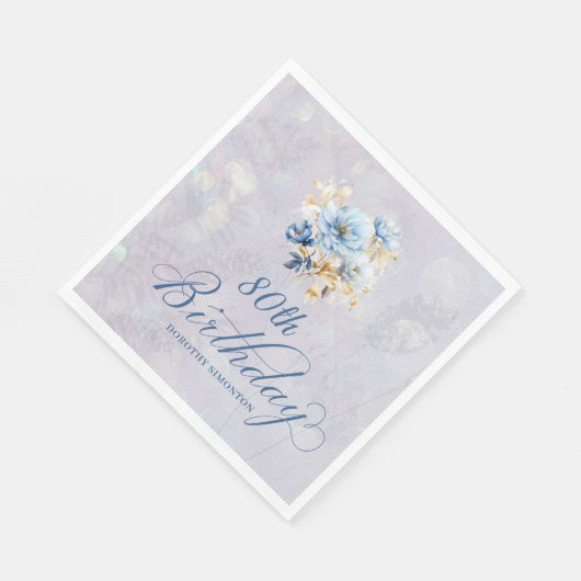 Serviette En Papier Aquarelle Bleu Blanc Floral 80e anniversaire (Coin)