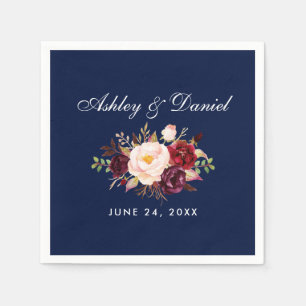 Serviette En Papier Aquarelle bleu Bourgogne Mariage Floral